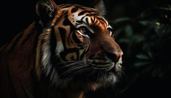 majestuoso Bengala Tigre curioso con agresión en tropical selva generado por ai foto