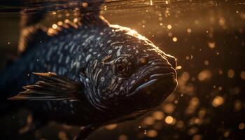 Animal head underwater, close up of fish eye in blue generated by AI photo