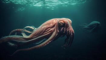 Colorful octopus levitates in tranquil underwater environment, surrounded by sea life generated by AI photo