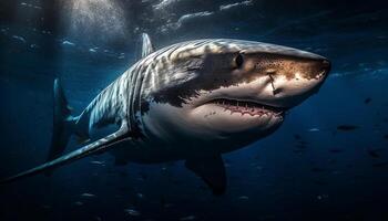 majestuoso gigante reptil buceo dentro profundo agua salada, agudo dientes expuesto generado por ai foto