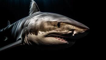 majestuoso animal cabeza con agudo dientes mirando a cámara submarino generado por ai foto