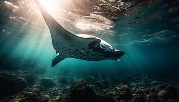 One majestic sea turtle swimming at the bottom of the reef generated by AI photo