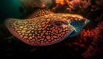 Multi colored tropical fish swimming in close up underwater seascape generated by AI photo