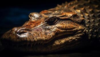 cocodrilo cabeza cerca arriba, peligroso dientes y ojos, en naturaleza generado por ai foto