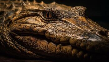 Large caiman dangerous teeth and scales in tropical African swamp generated by AI photo