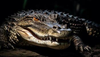 Furious crocodile threatens with open mouth in swamp generated by AI photo