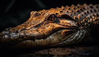 Spectacled caiman resting in swamp, looking at camera with aggression generated by AI photo