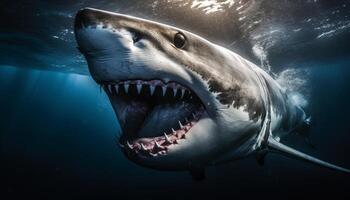 majestuoso gigante submarino reptil con agudo dientes y abierto boca generado por ai foto