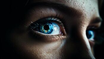 Blue eyed woman staring, macro lens captures beauty of human eye generated by AI photo