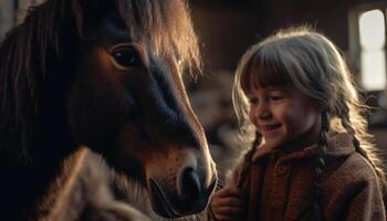 Cute child embraces affectionate mare in beautiful rural ranch scene generated by AI photo