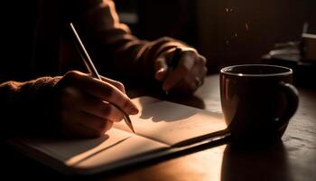 caucásico mujer sentado a escritorio, participación café taza, escritura notas generado por ai foto