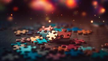 Multi colored puzzle pieces glow, forming a pattern of success and order generated by AI photo