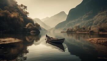 Tranquil scene of a mountain range at sunset on a lake generated by AI photo