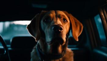 Yellow Labrador puppy sitting in car, looking outdoors generated by AI photo