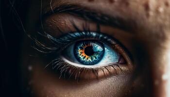 hermosa joven mujer curioso a cámara con azul animal ojo generado por ai foto