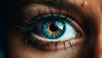 Young adult female staring at camera with green eyes and eyelashes generated by AI photo