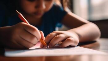 linda caucásico niña dibujo con lápiz, creatividad y concentración adentro generado por ai foto