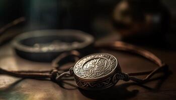 Antique gold necklace with brass and rope decoration on table generated by AI photo