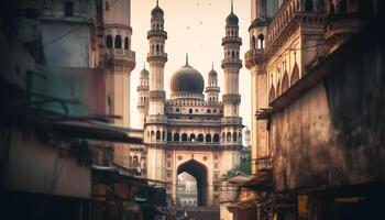 Old minaret illuminates ancient mausoleum in Arabian city skyline at dusk generated by AI photo