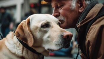 Caucasian man smiling with his loyal purebred retriever outdoors generated by AI photo