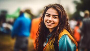 un grupo de alegre joven adultos disfrutando naturaleza despreocupado relajación generado por ai foto