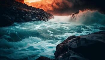 Beauty in nature Mountain range, sunset, wave, flowing water, adventure generated by AI photo