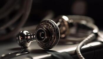 Shiny chrome wrench, part of machinery, on black background generated by AI photo