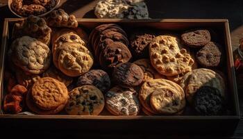 A rustic table displays a large collection of homemade desserts generated by AI photo