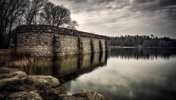 antiguo Roca puente refleja tranquilo escena de medieval montaña belleza generado por ai foto