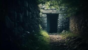 antiguo arruinado edificio característica oscuro historia, escalofriante misterio, subterráneo arqueología generado por ai foto