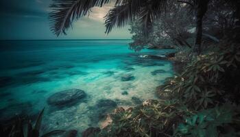 tropical palma arboles influencia en el turquesa aguas a puesta de sol generado por ai foto