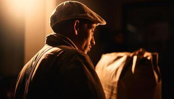 One man, caucasian ethnicity, wearing a cap, looking at night generated by AI photo