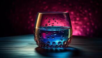 un mojado Bebiendo vaso en un mesa refleja el noche frescura generado por ai foto