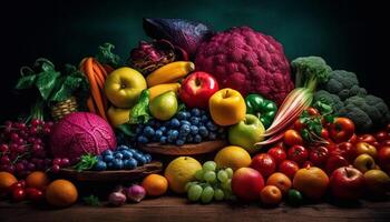 Abundant healthy meal fresh fruits, vegetables, and citrus variation generated by AI photo