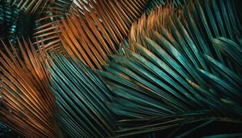 Vibrant palm frond pattern in multi colored tropical rainforest backdrop generated by AI photo