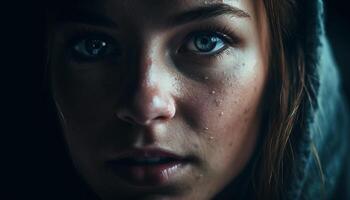 Young adult female, brown hair, looking sad in studio shot generated by AI photo