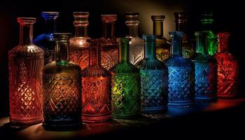 Multi colored glass bottles filled with vibrant liquid for celebration generated by AI photo