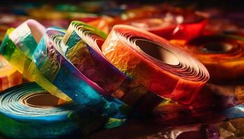 Vibrant colors, abstract pattern, decoration, rolled up paper, shiny reflection generated by AI photo