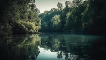 Tranquil scene of natural beauty forest, mountain, and reflection generated by AI photo