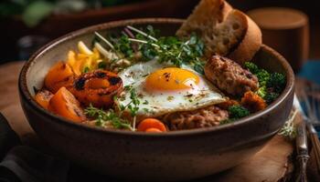 Grilled meat and vegetables on a rustic wooden plate generated by AI photo