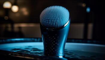 Blue microphone on table illuminated by spotlight in dark nightclub generated by AI photo