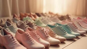 grande colección de de moda cuero Zapatos en un moderno boutique generado por ai foto
