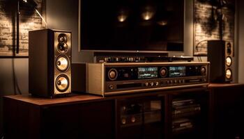 Modern stereo equipment in elegant home interior with wood material generated by AI photo