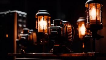 Antique lantern illuminated dark night with glowing yellow light bulb generated by AI photo