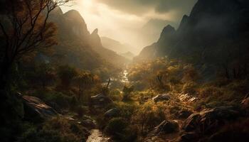 Tranquil scene of majestic mountain peak in autumn forest adventure generated by AI photo