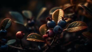 Ripe blueberries on wet branch, a macro view of freshness generated by AI photo