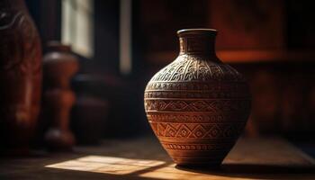 Antique earthenware jug, rustic pottery with ornate pattern decoration generated by AI photo