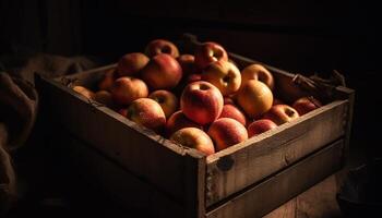 maduro orgánico manzanas en de madera caja, un cosecha de frescura generado por ai foto