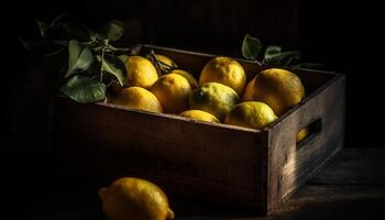 Rustic crate of organic citrus fruit, ripe and juicy for healthy eating generated by AI photo