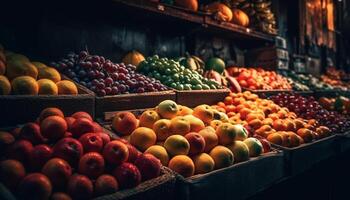 un grande grupo de multi de colores frutas y vegetales en un fila generado por ai foto